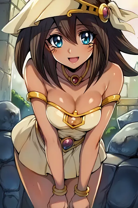 (best quality:1.2), (masterpiece:1.2), Mana, yu-gi-oh! duel monsters,1girl, best quality, Egyptian, tan skin, leaning forward, innocent smile, finely detailed beautiful eyes and detailed face, close-up, blush, opened mouth, smiling eyes, green eyes, stone structure, stone building, smile, <lora:manaYuGiOh_manaV1:0.8>