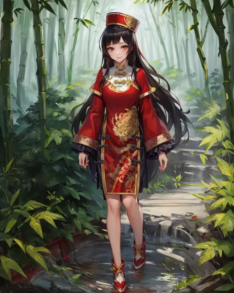 best quality, (masterpiece:1.2), illustration, absurdres,
(1girl, solo), (beautiful detailed girl),
<lora:DaqiaoDW8:0.9>, Daqiao, black hair, long hair, brown eyes,
red hat, headwear, red dress, chinese clothes, red shoes,
(happy:1.1), looking at viewer,
in bamboo forest, chinese architecture, stream,
((ojou-sama pose)), full body shot,