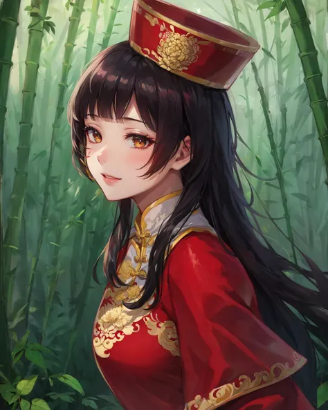 best quality, (masterpiece:1.2), illustration, absurdres,
(1girl, solo), (beautiful detailed girl),
<lora:DaqiaoDW8:0.9>, Daqiao, black hair, long hair, brown eyes,
red hat, headwear, red dress, chinese clothes, red shoes,
(happy:1.1), looking at viewer,
in bamboo forest, chinese architecture, stream,
((on side)), (upper body, portrait),