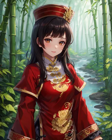 best quality, (masterpiece:1.2), illustration, absurdres,
(1girl, solo), (beautiful detailed girl),
<lora:DaqiaoDW8:0.9>, Daqiao, black hair, long hair, brown eyes,
red hat, headwear, red dress, chinese clothes, red shoes,
(happy:1.1), looking at viewer,
in bamboo forest, chinese architecture, stream,
((on stomach)), (upper body, portrait),