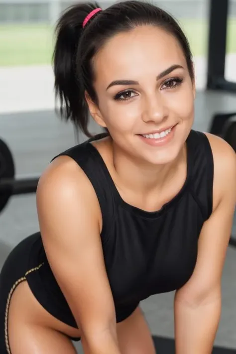 Beautiful woman with, black ponytail, brown eyes, wearing training pants, sports top, wet skin, sweat, in a gym,teasing, posing, cute ass sexy, sexy face , perfect face, perfect bodyultra-detailed face, ultra-detailed eyes, looking at viewver , <lora:crazym:0.6>, smiling, teeth, looking at viewver