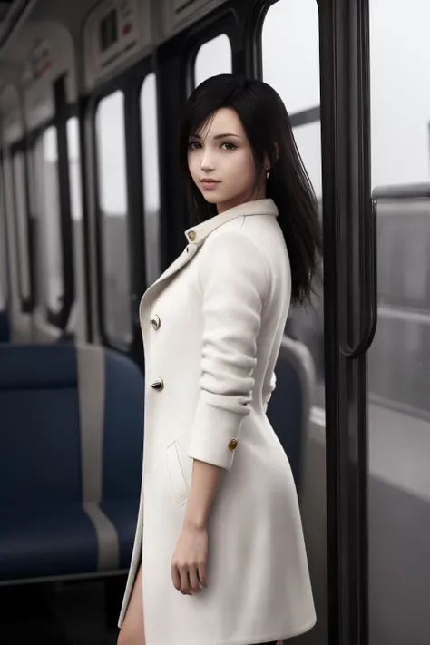 Best quality,masterpiece,ultra high res,1girl,(white longcoat:1.2),tifa_ac8,(cowboy shot:1.2),train interior,rain,