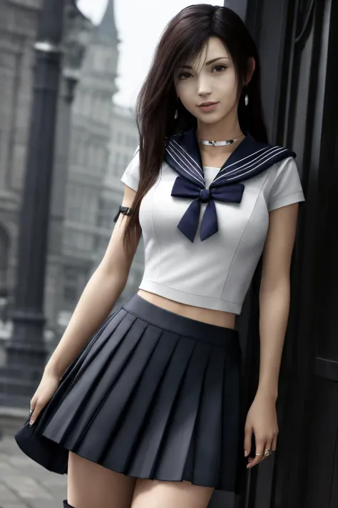 Best quality,masterpiece,ultra high res,1girl,(sailor collar:1.2),tifa_ac8,(cowboy shot:1.2),rain,pleated skirt,