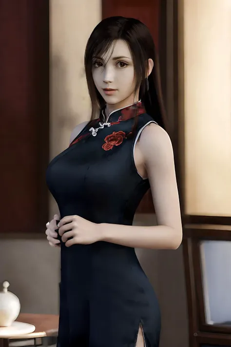 （（（Wearing a red slit cheongsam，Black gloves on both hands。（（（Kurotsuchi，short black hair，black pupils，Good-looking， ））），（（（wide hips））），S-shaped body:1.7））），((masterpiece)),high resolution, ((Best quality at best))，masterpiece，quality，Best quality，（（（ Exquisite facial features，looking at the audience,There is light in the eyes，lol，confidence ））），（（（Light and shadow interlace，huge ））），（（（looking into camera，Kneel and put on）））