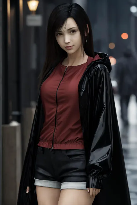 Best quality,masterpiece,ultra high res,(raincoat:1.2),tifa_ac,looking at viewer,(cowboy shot:1.2),street,rain,