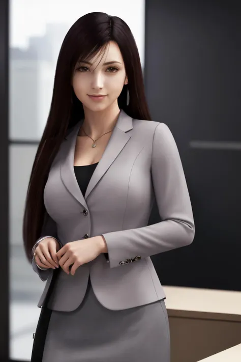 Best quality,masterpiece,ultra high res,(office suit:1.2),tifa_ac,looking at viewer,(cowboy shot:1.1), long sleeves, grey pencil skirt, office,smile,closed mouth,