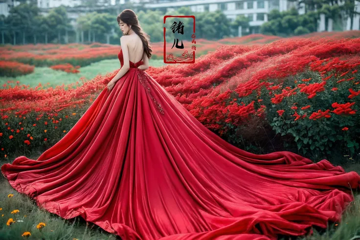 ultra high resolution, ((masterpiece))), (((best quality))), ((super detailed)),  ((extremely delicate and beautiful)),cinematic light, detailed environment(real),
(realistic, photo-realistic:1.37), extremely detailed, photography, 8k, Amazing, finely detailed, best quality, ultra high res,
1girl, (full body:1.1), A mature facexuer extravagant gown, 1girl, dress, red theme, red dress, solo, field, flower, flower field, brown hair, long hair, long dress, red flower, backless dress, bare shoulders, standing, backless outfit, outdoors, petals, profile, gown, from behind, bare back, closed eyes, blurry, skirt hold
<lora:~Q?-[y<g
 xuer extravagant gown:0.8>