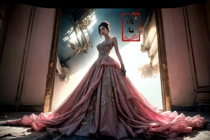 ultra high resolution, ((masterpiece))), (((best quality))), ((super detailed)),  ((extremely delicate and beautiful)),cinematic light, detailed environment(real),  Dynamic Angle, Perspective, High Point,pov
(realistic, photo-realistic:1.37), extremely detailed, photography, 8k, Amazing, finely detailed, best quality, ultra high res,
1girl, (full body:1.1), A mature facexuer extravagant gown,  shadows, darkness, rays of light, reflections, halos, flickering, contrast, layered colorsgloves,
A shot with tension(sky glows pink,Visual impact,giving the poster a dynamic and visually striking appearance:1.2),
<lora:~Q?-[y<g
 xuer extravagant gown:0.7>