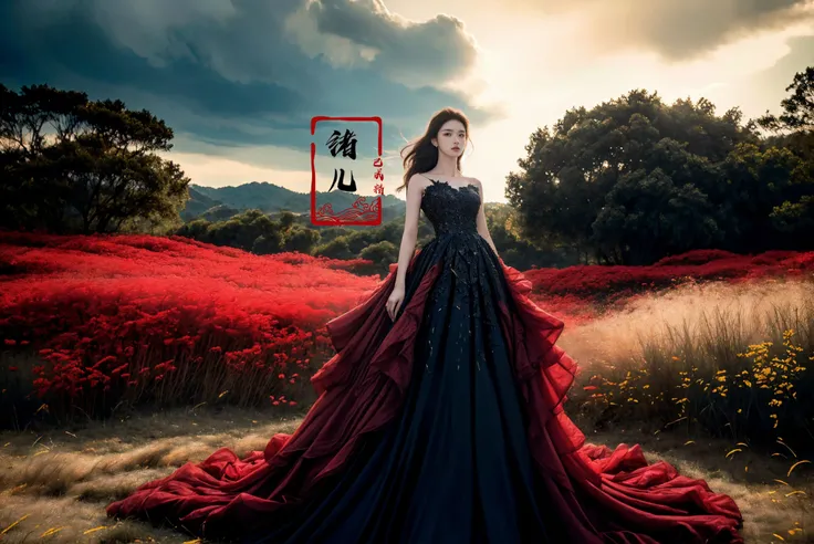 ultra high resolution, ((masterpiece))), (((best quality))), ((super detailed)),  ((extremely delicate and beautiful)),cinematic light, detailed environment(real),
(realistic, photo-realistic:1.37), extremely detailed, photography, 8k, Amazing, finely detailed, best quality, ultra high res,
1girl, (full body:1.1), A mature facexuer extravagant gown,  shadows, darkness, rays of light, reflections, halos, flickering, contrast, layered colors
A shot with tension(sky glows red,Visual impact,giving the poster a dynamic and visually striking appearance:1.2),
<lora:~Q?-[y<g
 xuer extravagant gown:0.7>