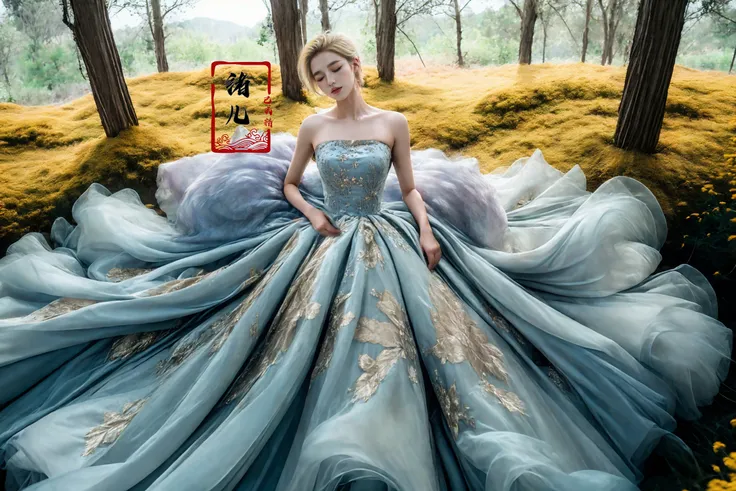 xuer extravagant gown, 1girl, dress, solo, blonde hair, bare shoulders, blue dress, strapless, short hair, strapless dress, tree, realistic, nature, flower, closed eyes
<lora:~Q?-[y<g
xuer extravagant gown:0.8>