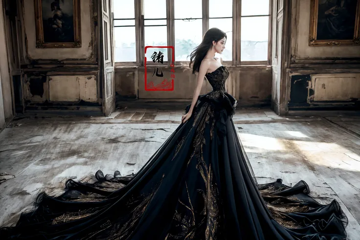 ultra high resolution, ((masterpiece))), (((best quality))), ((super detailed)),  ((extremely delicate and beautiful)),cinematic light, detailed environment(real),
(realistic, photo-realistic:1.37), extremely detailed, photography, 8k, Amazing, finely detailed, best quality, ultra high res,
(full body:1.1), A mature facexuer extravagant gown, 1girl, dress, black dress, solo, painting \(object\), black hair, bare shoulders, jewelry, realistic, indoors, long dress, strapless dress, profile, strapless, standing, earrings, from side, long hair, breasts, necklace, gown, frills, sleeveless dress, frilled dress
<lora:~Q?-[y<g
 xuer extravagant gown:0.8>