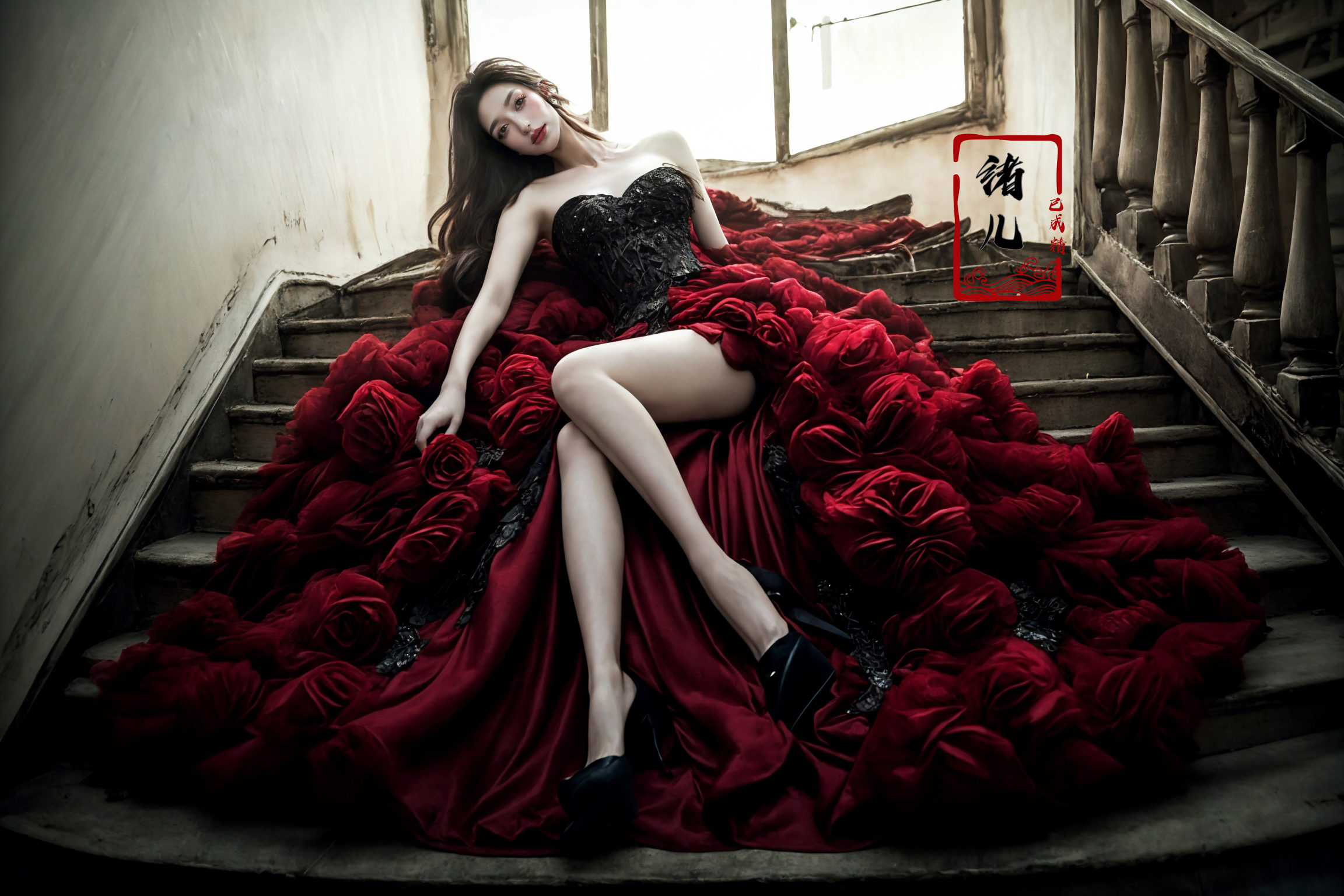 Arafed woman in a red dress sitting on a staircase - SeaArt AI