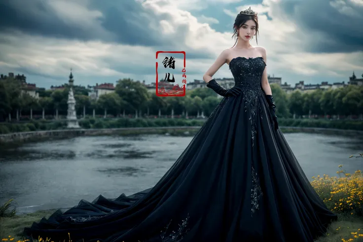 ultra high resolution, ((masterpiece))), (((best quality))), ((super detailed)),  ((extremely delicate and beautiful)),cinematic light, detailed environment(real),
(realistic, photo-realistic:1.37), extremely detailed, photography, 8k, Amazing, finely detailed, best quality, ultra high res,
(full body:1.1), A mature facexuer extravagant gown, 1girl, dress, gloves, cloud, black dress, sky, blurry, solo, bare shoulders, black hair, jewelry, outdoors, castle, cloudy sky, strapless dress, strapless, black gloves, gown, blurry background, realistic, tiara, earrings, breasts, hand on hip
<lora:~Q?-[y<g
 xuer extravagant gown:0.8>