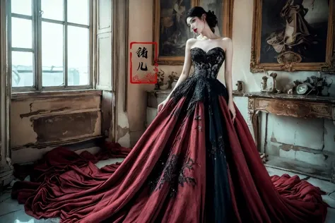 ultra high resolution, ((masterpiece))), (((best quality))), ((super detailed)),  ((extremely delicate and beautiful)),cinematic light, detailed environment(real),
(realistic, photo-realistic:1.37), extremely detailed, photography, 8k, Amazing, finely detailed, best quality, ultra high res, (pale skin, real_skin), (Milky skin:1.2), (shiny skin:1.4)
(full body:1.1), A mature face (cold attitude,eyeshadow,eyeliner:0.9),(red lips:1.3),watery eyes,
xuer extravagant gown, 1girl, dress, solo, black dress, flower, realistic, window, bare shoulders, frills, lipstick, indoors, red flower
<lora:~Q?-[y<g
 xuer extravagant gown:0.8>
