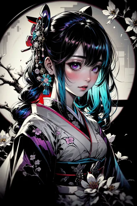 (masterpiece, best quality, detailed, high resolution, iridescent), horror, glitch, (retro), (solo), upper body, (geisha), (vibrant colors), (monochrome), blossom, tree, flowers, <lora:FenW-000012:0.6> <lora:color_diff-10:1.4>