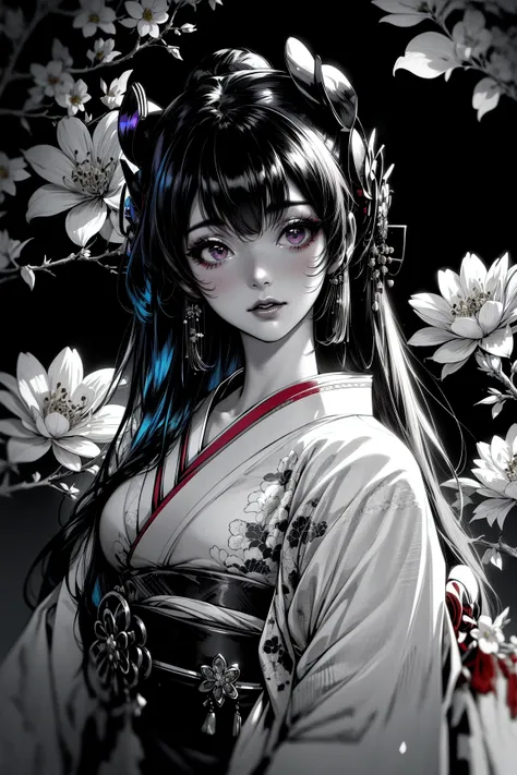 (masterpiece, best quality, detailed, high resolution, iridescent), horror, glitch, (retro), (solo), upper body, (geisha), (vibrant colors), (monochrome), blossom, tree, flowers,  <lora:FenW-000012:0.6> <lora:color_diff-10:1.4>