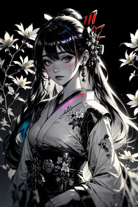 (masterpiece, best quality, detailed, high resolution, iridescent), horror, glitch, (retro), (solo), upper body, (geisha), (vibrant colors), (monochrome), blossom, tree, flowers,  <lora:FenW-000012:0.6> <lora:color_diff-10:1.4>