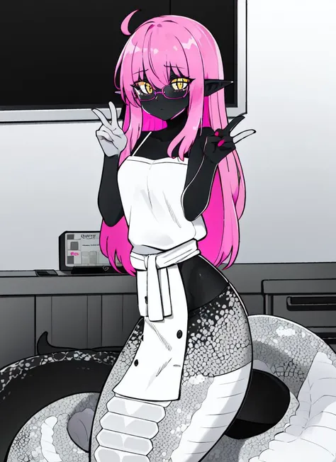 ((best quality)), ((highly detailed)), absurdres, (detailed eyes, deep eyes), (1girl), (glasses), dynamic pose, cowboy shot, <lora:aiomonstergirls_aiov4LoraLycoris:.7>, <lora:animeLamia_v10:1>, (lamia), scales, tail, merged at waist, (soft pink hair, soft pink scales), yellow eyes, <lora:slit-pupils:1>, snake eyes, messy hair, pointy ears, (indoors, in a hospital room), <lora:color_diff:1>, (monochrome), glowing