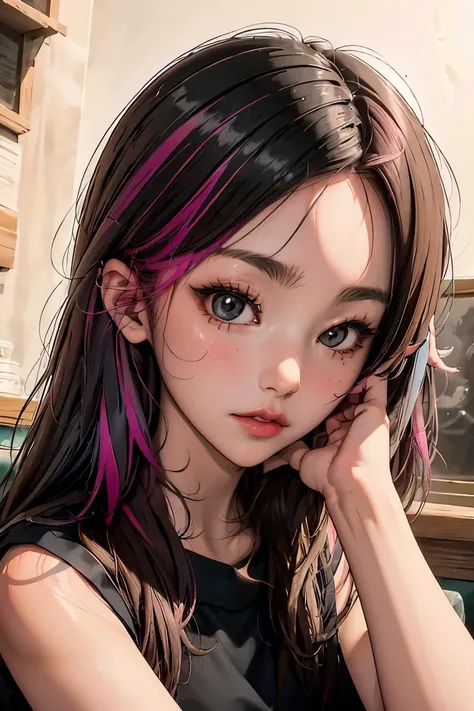 (masterpiece, best quality), 1girl, <lora:pink_highlight_v11:1> phlg, black hair, pink highlight
