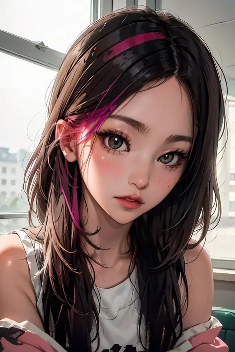 (masterpiece, best quality), 1girl,    <lora:pink_highlight_v11:1> phlg, black hair, pink highlight