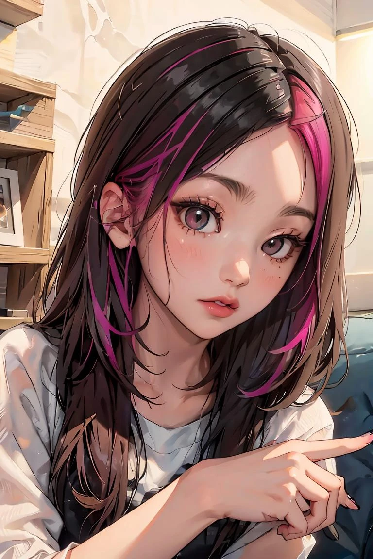 (masterpiece, best quality), 1girl, <lora:pink_highlight_v11:1> phlg, black hair, pink highlight