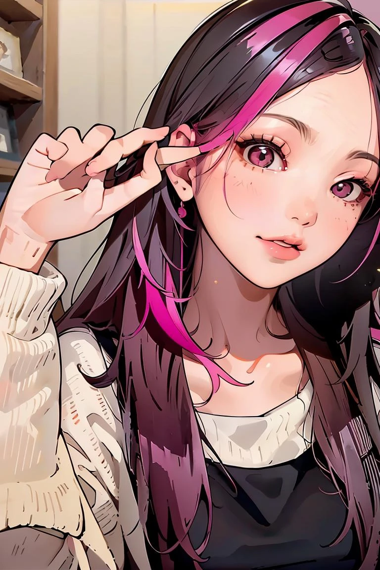 (masterpiece, best quality), 1girl, <lora:pink_highlight_v11:1> phlg, black hair, pink highlight