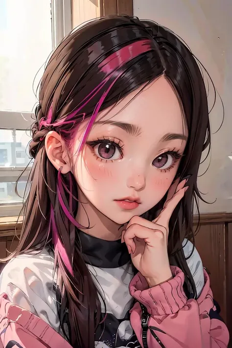 (masterpiece, best quality), 1girl, <lora:pink_highlight_v11:1> phlg, black hair, pink highlight