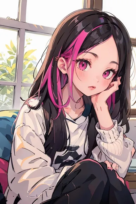 (masterpiece, best quality), 1girl, <lora:pink_highlight_v11:1> phlg, black hair, pink highlight