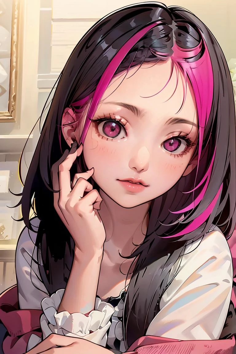(masterpiece, best quality), 1girl, <lora:pink_highlight_v11:1> phlg, black hair, pink highlight