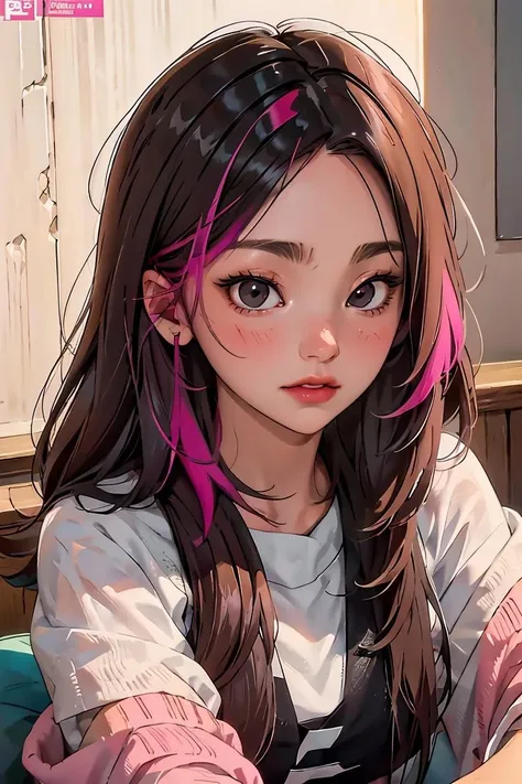 (masterpiece, best quality), 1girl, <lora:pink_highlight_v11:1> phlg, black hair, pink highlight