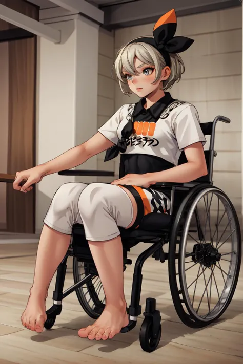 (masterpiece, best quality),  intricate details, 
1girl,     <lora:SaitouV1:0.8> bea \(pokemon\), bow hairband, print shirt, tied shirt, black bodysuit, bodysuit under clothes, single glove, print shorts, knee pads, barefoot 
 <lora:wheelchair:0.6> wheelchair, sitting in a chair,