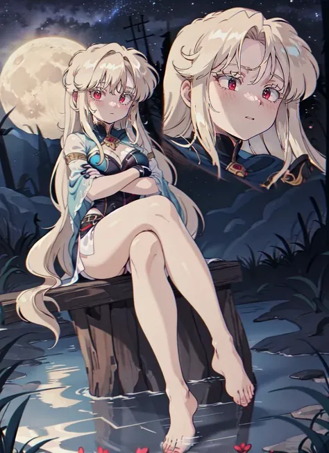 ((best quality)), ((highly detailed)), masterpiece, absurdres, extremely detailed face, beautiful face, (detailed eyes, deep eyes), (1girl), dutch_angle, crossed arms, albino, white hair, ((very long hair)), red eyes, <lora:colored_eyelashes:1>, COLORED EYELASHES, white eyelashes, very pale skin, skinny, (long legs), (outside, in a swamp, evening, night sky, stars, broken moon), <lora:Bluethebone-IAWolf:.8>