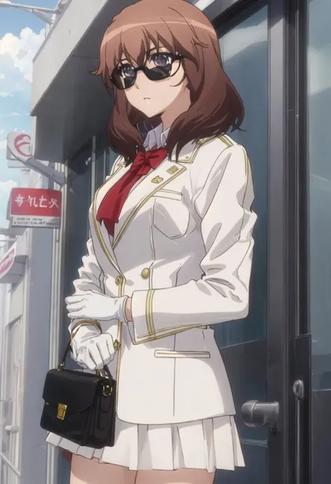 best quality, masterpiece, highres, solo, {black business suit:1.40}, {tie:1.20}, {sunglasses:1.25}, {white gloves:1.15}, {white shirt:1.10}, {black skirt:1.15}, {smoking:1.20}, handsome, {azusagawa_kaede_seishunbutayarou:1.15}, brown_hair, brown_eyes, bangs, long_hair, blush