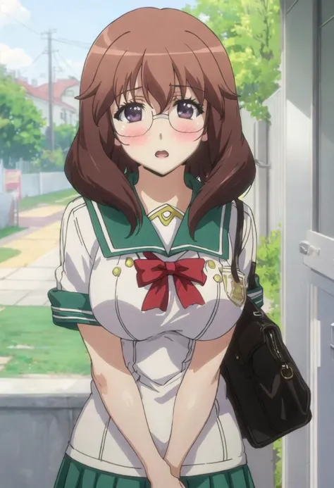 best quality, masterpiece, highres, solo, {mina_okura_soicantplayh:0.90}, 1girl, open_mouth, school_uniform, large_breasts, blush
