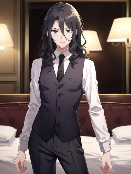 best quality, masterpiece, highres, detailed, perfect anatomy, <lora:Detail - add_detail:0.2>, <lora:KlausSpy-08:1>, KlausSpy, cowboy shot, shoulder-length hair, grey eyes, vest, necktie, dress shirt, 1man, black hair, pants, hotel room, smug, wavy hair,