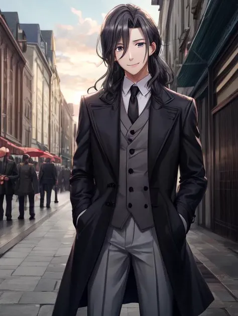 best quality, masterpiece, highres, detailed, perfect anatomy, <lora:Detail - add_detail:0.2>, <lora:KlausSpy-08:0.8>, KlausSpy, cowboy shot, shoulder-length hair, medium hair, grey eyes, necktie, dress shirt, 1man, black hair, pants, outdoors, jacket, overcoat, calm, street, day, smile,
