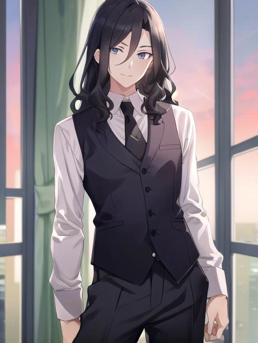 best quality, masterpiece, highres, detailed, perfect anatomy, <lora:Detail - add_detail:0.2>, <lora:KlausSpy-08:1>, KlausSpy, cowboy shot, shoulder-length hair, grey eyes, vest, necktie, dress shirt, 1man, black hair, pants, hotel room, smug, wavy hair,
