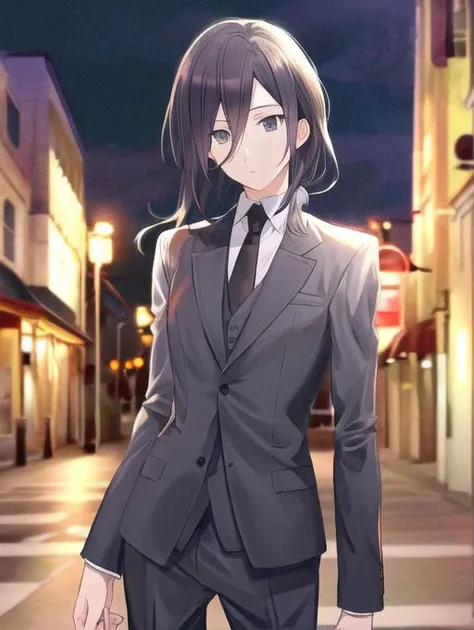 best quality, masterpiece, highres, detailed, perfect anatomy, <lora:Detail - add_detail:0.2>, <lora:KlausSpy-08:0.8>, KlausSpy, cowboy shot, shoulder-length hair, medium hair, grey eyes, necktie, dress shirt, 1man, black hair, pants, outdoors, suit, calm, street, night,