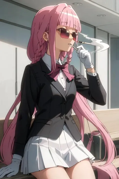 best quality, masterpiece, highres, solo, {black business suit:1.40}, {tie:1.20}, {sunglasses:1.25}, {white gloves:1.15}, {white shirt:1.10}, {black skirt:1.15}, {smoking:1.20}, handsome, {tamaki_iroha_puellamagimadokamagicasidestorymagiarecord:1.15}, pink_hair, pink_eyes, bangs, blunt_bangs, braid, sidelocks, blush, bow, long_hair