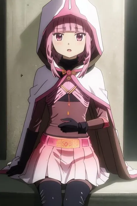 best quality, masterpiece, highres, solo, {tamaki_iroha_puellamagimadokamagicasidestorymagiarecord:1.15}, pink_hair, pink_eyes, bangs, blunt_bangs, braid, sidelocks, blush, bow, long_hair, 1girl, cloak, hood, hood_up, hooded_cloak, magical_girl, anime_coloring, open_mouth, parody