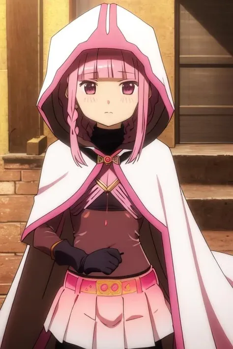 best quality, masterpiece, highres, solo, {tamaki_iroha_puellamagimadokamagicasidestorymagiarecord:1.15}, pink_hair, pink_eyes, bangs, blunt_bangs, braid, sidelocks, blush, bow, long_hair, 1girl, cloak, hood, hood_up, hooded_cloak, magical_girl