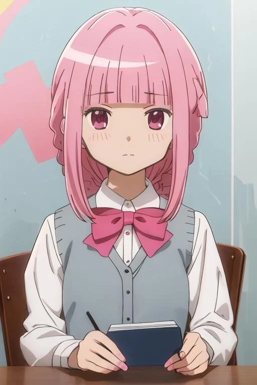 best quality, masterpiece, highres, solo, {tamaki_iroha_puellamagimadokamagicasidestorymagiarecord:1.15}, pink_hair, pink_eyes, bangs, blunt_bangs, braid, sidelocks, blush, bow, long_hair, 1girl, looking_at_viewer, portrait, closed_mouth, dot_nose, parody, school_uniform