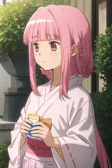best quality, masterpiece, highres, solo, {yukata:1.40}, {kimono:1.20}, {tamaki_iroha_puellamagimadokamagicasidestorymagiarecord:1.15}, pink_hair, pink_eyes, bangs, blunt_bangs, braid, sidelocks, blush, bow, long_hair