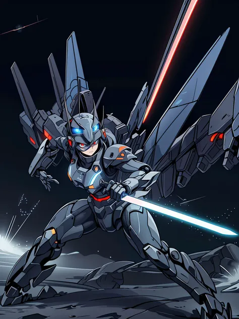 1girl,<lora:AC6:0.5>,ac6,solo,android,mecha,mecha musume,one eye,glowing eye,mechanical arms,black gloves,huge airplane wings,glowing sword,(((energy sword))),holding,holding weapon,holding sword,looking at viewer,military,science fiction,solo,weapon,fighting stance,dynamic pose,backpack,helmet bulletproof vest,glowing eye,full armor,<lora:flat2:-0.5>,