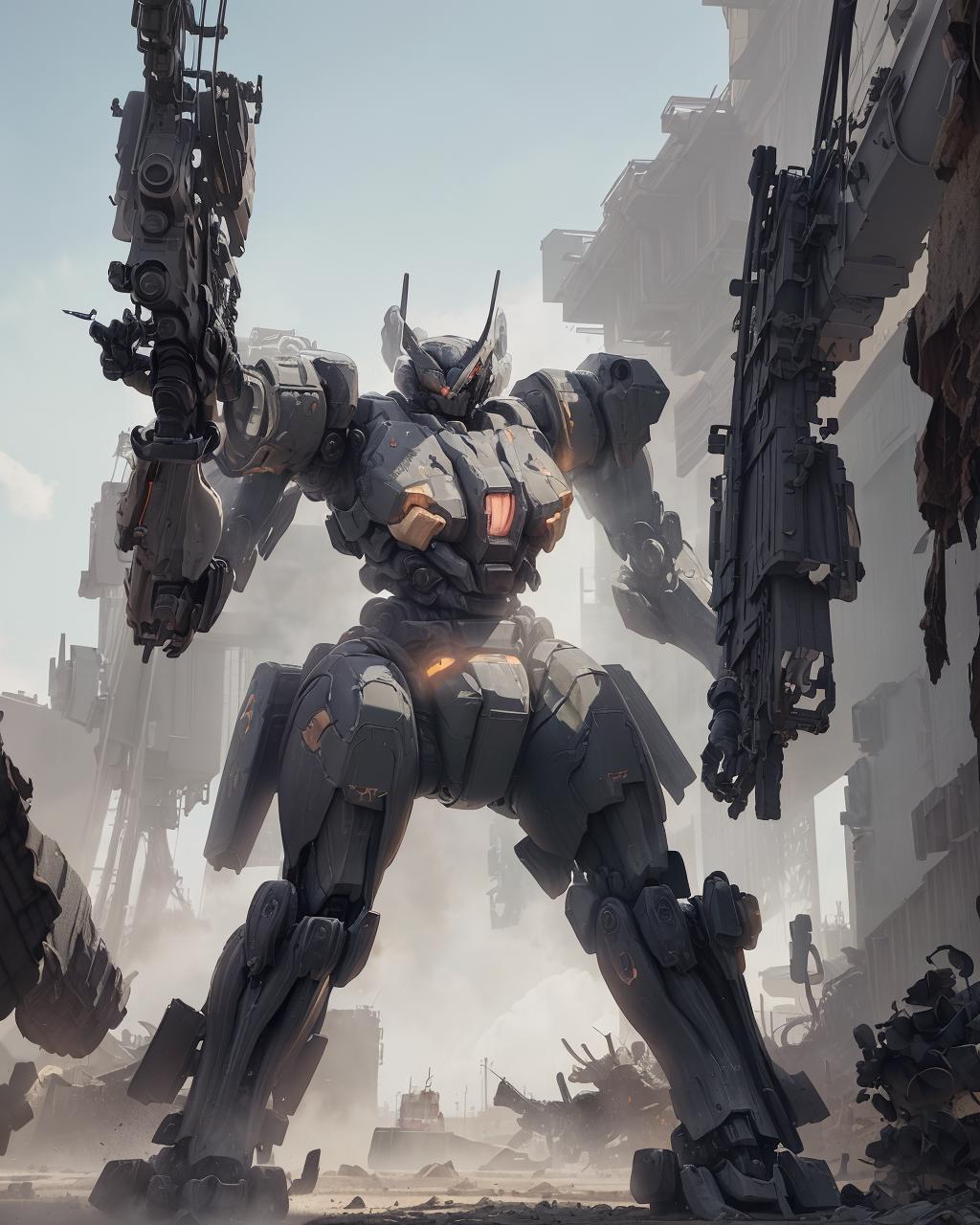 A man standing in front of a giant robot in a ruined city - SeaArt AI