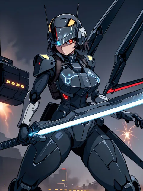 1girl,<lora:AC6:0.5>,ac6,solo,android,mecha,mecha musume,one eye,glowing eye,mechanical arms,black gloves,huge airplane wings,glowing sword,(((energy sword))),holding,holding weapon,holding sword,looking at viewer,military,science fiction,solo,weapon,fighting stance,dynamic pose,backpack,helmet bulletproof vest,glowing eye,full armor,<lora:flat2:-0.5>,