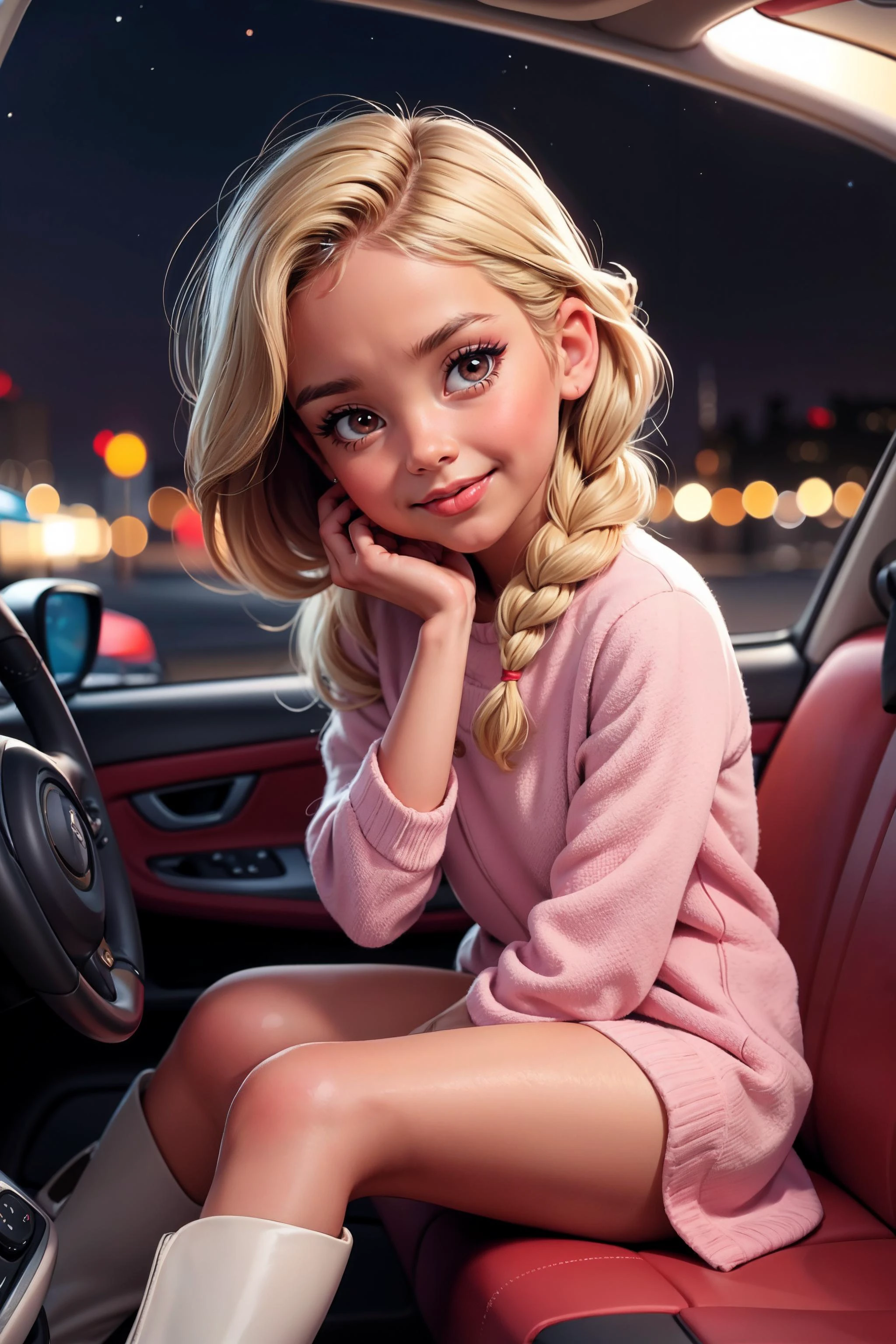 sultry, blush, watercolor style, mascara, lipstick, extra long shirt, bottomless, thigh high boots, (night:1.2), bokeh, distinct facial features, blonde, asymmetrical braid, car passenger seat,looking at viewer, head tilt, smile, pov, shallow depth of field, vignette, highly detailed, <lora:MarcelMarlier:0.7> marlier