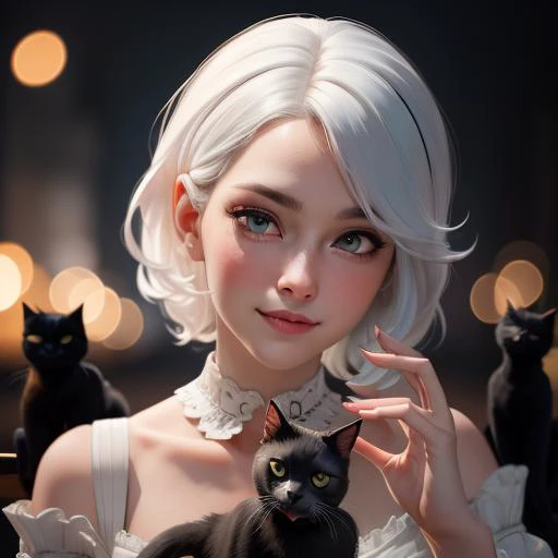 Ultra-High-Definition,8k,UHD,HDR,(Masterpiece:1.5),RAW photo,film grain,(best quality:1.5),((Cute girl plays with black cat)) ,(white hair),(photorealistic),beautiful lighting,realistic,real picture,intricate details,depth of field,Beautiful lighting,((bokeh))low-key lighting,shot on a nikon D800 objetive 50 mm.aperture 1.2 <lora:3DMM_V12:1>