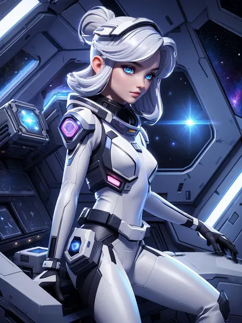 (over the shoulder:1.1), (movie still:1.1), side view, (spaceship cockpit:1.1), (beautiful young skinny caucasian adult woman sitting in spaceship cockpit looking over shoulder at viewer:1.2), glowing holographic instruments, (beautiful face:1.11), from behind, smart fabric flightsuit:1.1, lightweight structured jacket with sharp geometric lines, utility belt, knee-high boots, fingerless gloves, (large spaceship cockpit with highly polished flooring and stellar view), backlit hair, perfect face, feminine physique, (pale freckles:0.6), (black and silver accents), perfect eyes, (studio lighting:0.3), low key, joystick++, thin pouting lips, (white++ bob hair, ombre tips:1.2), wide set soft+ turquoise++ eyes, skin pores, (small retrousse nose:1.2), (pale skin), supernova, ultra detailed, (Intricate Environment)++, best quality, masterpiece, dramatic angle, highest detailed face, eyelid shimmer makeup, silver eyeshadow, iridescent cheekbones, muted rose lips, deep space blue, (volumetric lighting:1.1), (available light:0.7),BREAK, starlight silver, nebula pink, black hole black, planetary rings, asteroid clusters, geometric shapes, angular contours, Holographic control panels, chiaroscuro effects, reflective surfaces, star-filled skies, distant galaxies, shimmering surfaces, iridescent sci-fi materials, clean lines, modernistic details, 8k, best quality, masterpiece