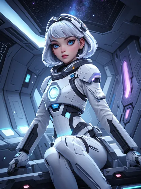 (over the shoulder:1.1), (movie still:1.1), side view, (spaceship cockpit:1.1), (beautiful young skinny caucasian adult woman sitting in spaceship cockpit looking over shoulder at viewer:1.2), glowing holographic instruments, (beautiful face:1.11), from behind, smart fabric flightsuit:1.1, lightweight structured jacket with sharp geometric lines, utility belt, knee-high boots, fingerless gloves, (large spaceship cockpit with highly polished flooring and stellar view), backlit hair, perfect face, feminine physique, (pale freckles:0.6), (black and silver accents), perfect eyes, (studio lighting:0.3), low key, joystick++, thin pouting lips, (white++ bob hair, ombre tips:1.2), wide set soft+ turquoise++ eyes, skin pores, (small retrousse nose:1.2), (pale skin), supernova, ultra detailed, (Intricate Environment)++, best quality, masterpiece, dramatic angle, highest detailed face, eyelid shimmer makeup, silver eyeshadow, iridescent cheekbones, muted rose lips, deep space blue, (volumetric lighting:1.1), (available light:0.7),BREAK, starlight silver, nebula pink, black hole black, planetary rings, asteroid clusters, geometric shapes, angular contours, Holographic control panels, chiaroscuro effects, reflective surfaces, star-filled skies, distant galaxies, shimmering surfaces, iridescent sci-fi materials, clean lines, modernistic details, 8k, best quality, masterpiece